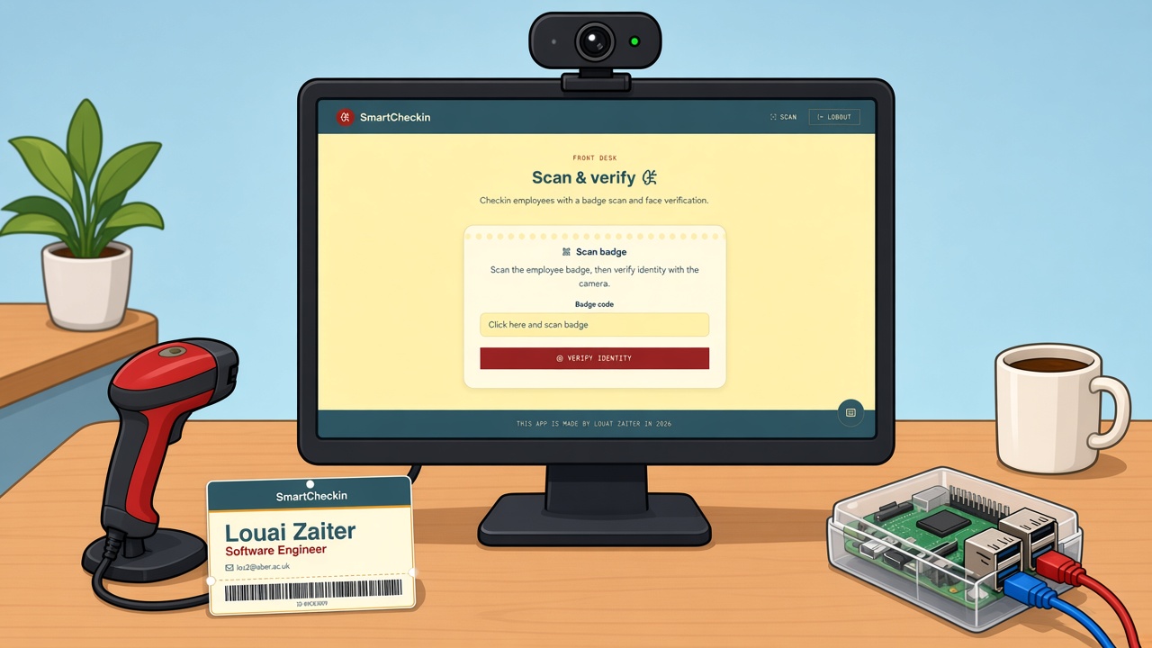 SmartCheckin dashboard running on a small touchscreen wired to a Raspberry Pi, camera module, and handheld scanner